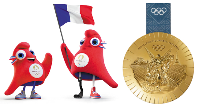 2024년 파리올림픽의 마스코트 '프리주'입니다. 프랑스 국기를 들고 의족을 단 프리주는 패럴림픽 마스코트예요(가운데). 에펠탑이 들어간 금메달 뒷면 모습이에요. /국제올림픽위원회
