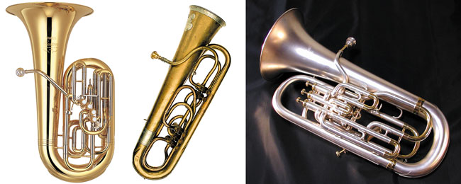 (왼쪽)악기 '튜바'의 모습. 튜바는 금관악기 중에서 가장 덩치가 커요. (가운데)1835년에 악기 제작자들이 처음 만든 튜바. (오른쪽)튜바와 비슷한 소리를 내는 악기 '유포니움'. 튜바보다는 작고 가볍게 만들어져 행진곡을 연주하는 군악대 등에서 쓰여요. /야마하뮤직유럽·위키피디아