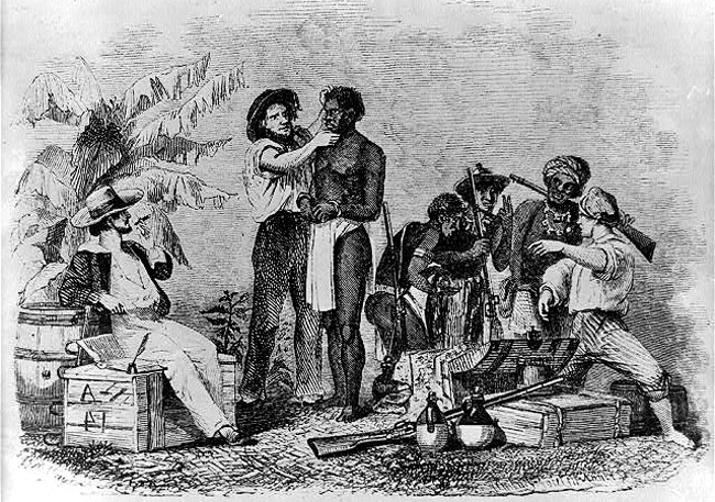 백인이 아프리카인을 노예로 데려가기 위해 검사하는 모습이 그려진 그림. /위키피디아