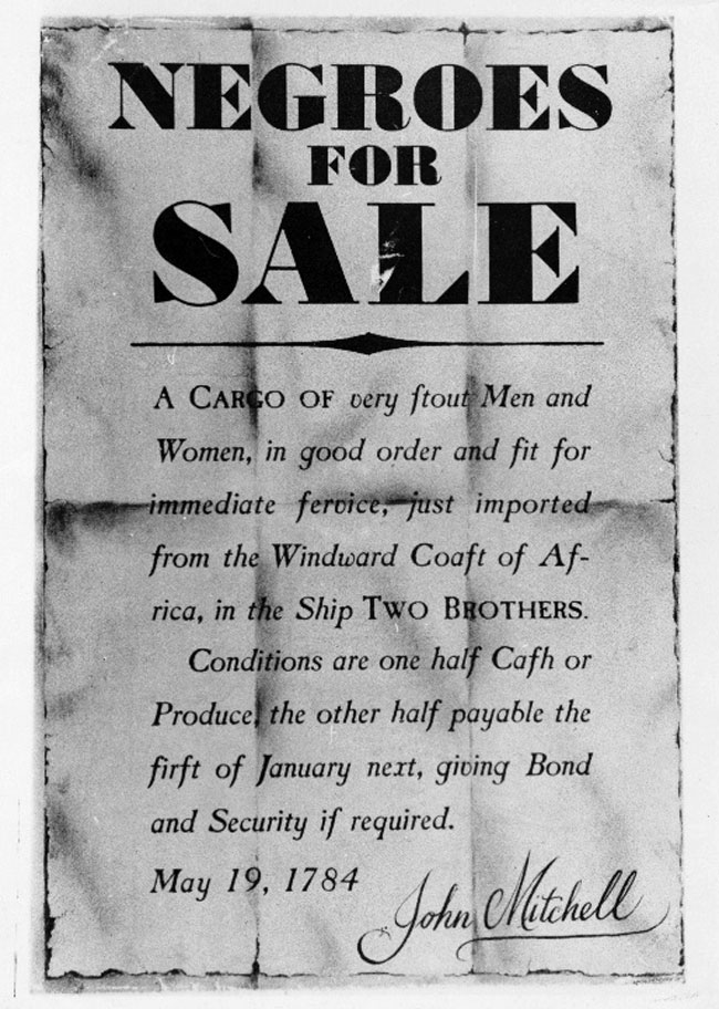 아프리카 노예를 판매한다는 글이 적힌 광고물. /뉴욕공립도서관
