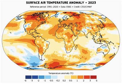 2023년 지구 각 지역의 연평균 기온과 지난 30년간(1991~2020)의 평균기온이 얼마나 차이가 났는지 보여주는 그림이에요. 붉은색을 띨수록 지난 30년간의 평균기온보다 작년 연평균 기온이 더 높았다는 것을 의미해요. /코페르니쿠스 기후변화서비스