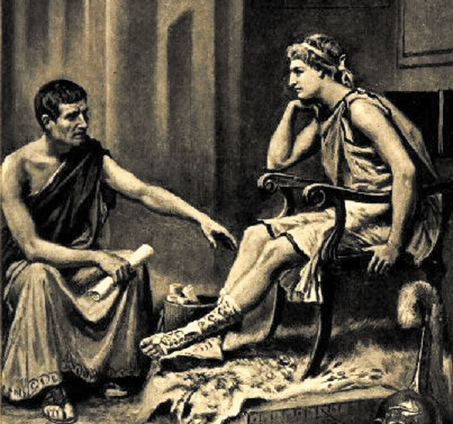 아리스토텔레스가 알렉산드로스를 가르치는 장면을 묘사한 그림. /위키피디아