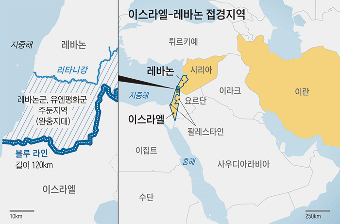 중동 지역과 이스라엘·레바논 접경지대 지도. 유엔이 설정한 ‘블루 라인’이 국경 역할을 하고 있어요.