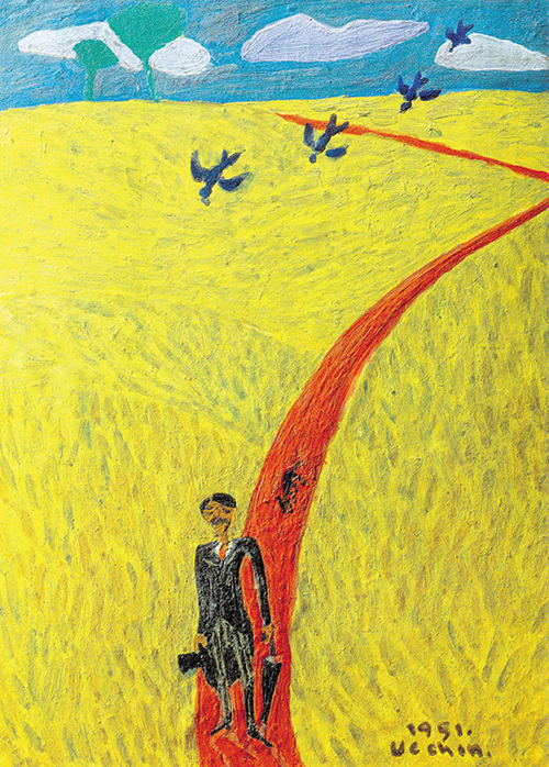 화가 장욱진의 ‘자화상’(1951). 종이에 유채. 궁핍했던 전쟁 시기에 엽서만 한 크기(10.8×14.8㎝)로 남긴 화가의 대표작이에요. /장욱진미술문화재단