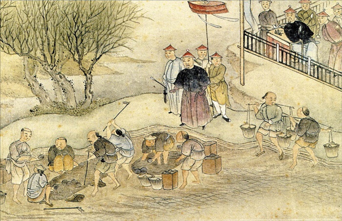 청나라인들이 아편을 폐기하는 장면을 그렸어요. 영국이 청나라를 상대로 벌인 아편전쟁은 사실 ‘은’ 때문에 벌어졌어요. /한국은행·위키피디아