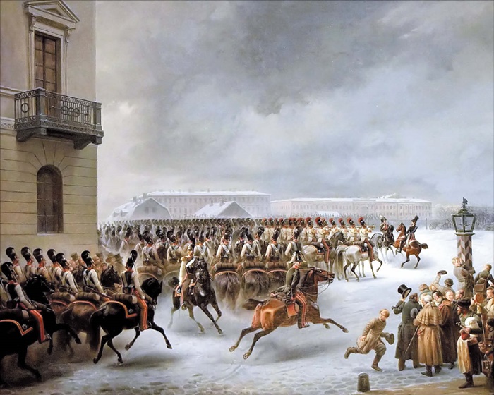 '데카브리스트의 난'을 묘사한 그림. 상트페테르부르크 원로원 광장에서 군중이 지켜보는 가운데 반란군과 진압군이 맞섰습니다.