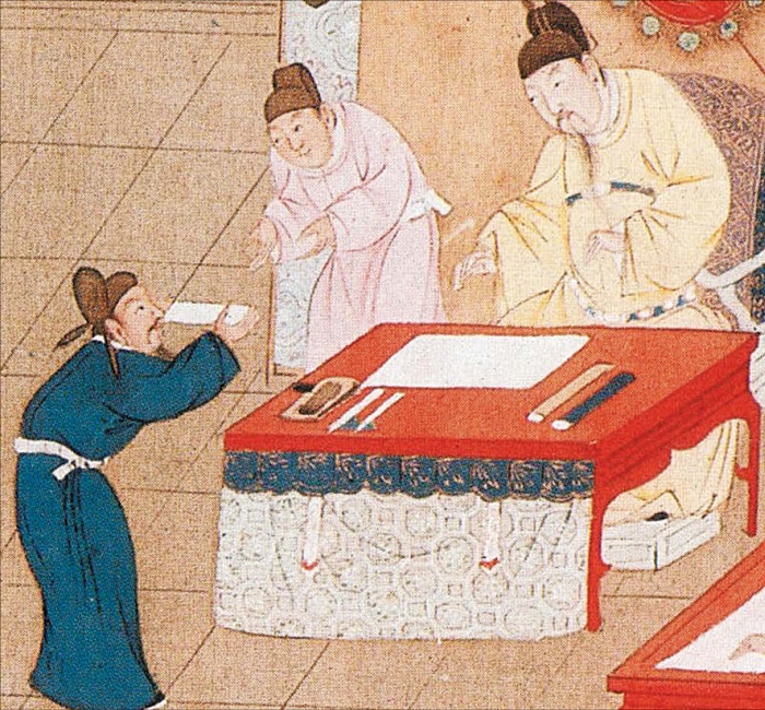 중국 송나라 때 과거 시험을 보는 모습 그림. 송나라 때는 황제 앞에서 치르는 최종 시험 ‘전시’가 생기는 등 과거 제도가 전성기를 맞았어요.