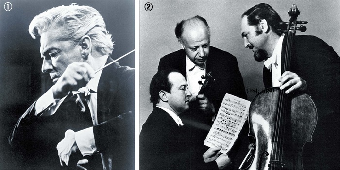 ①1955년부터 34년 동안 베를린 필을 이끈 지휘자 헤르베르트 폰 카라얀. ②2014년 베를린 필 송년 음악회에서 91세의 나이로 무대에 선 피아니스트 메나헴 프레슬러(왼쪽)가 속했던 ‘보자르 트리오’ 모습이에요. /게티이미지코리아·위키피디아