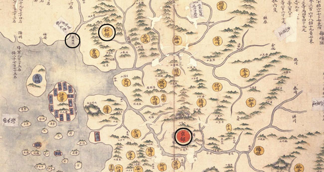 조선 후기 제작된 ‘해동지도’의 일부분. 원으로 표시한 부분은 왼쪽부터 벽란도, 송도(松都·개성), 경도(京都·한양)입니다. /국가유산청