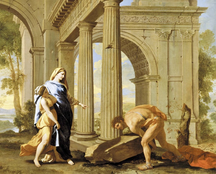 땅속에 묻힌 아버지의 칼을 찾는 테세우스(오른쪽) 모습입니다. 프랑스 화가 니콜라 푸생이 그렸어요.