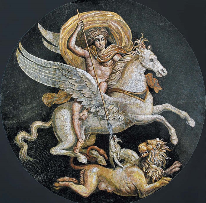 페가수스를 탄 벨레로폰이 키마이라를 무찌르는 장면을 담은 로마 시대 모자이크 작품입니다.