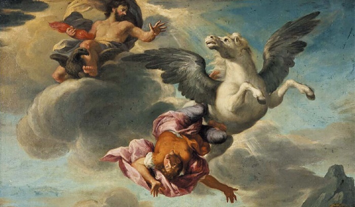 페가수스에서 떨어지는 벨레로폰과 그 모습을 내려다보는 제우스. 17세기에 그려진 것으로 추정됩니다.
/위키피디아