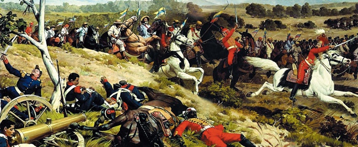 시몬 볼리바르가 이끄는 독립군과 스페인군이 맞붙은 전투 그림. 이후 베네수엘라는 스페인으로부터 독립했습니다.