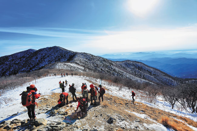계방산 1492m 봉우리를 찾은 산행객들이 강원도 산줄기를 바라보고 있어요. /조선일보 DB
