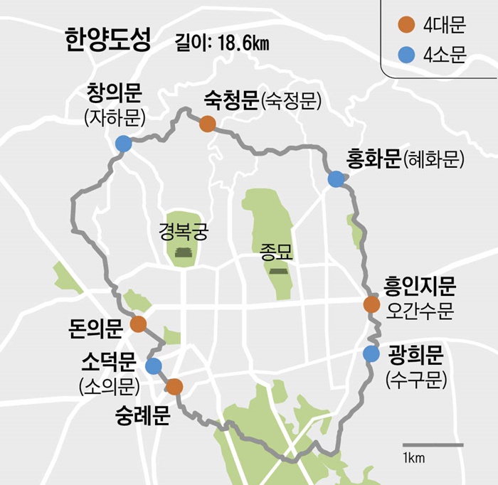 4대문과 4소문 등의 위치를 표시한 지도입니다. /서울시•서울역사박물관