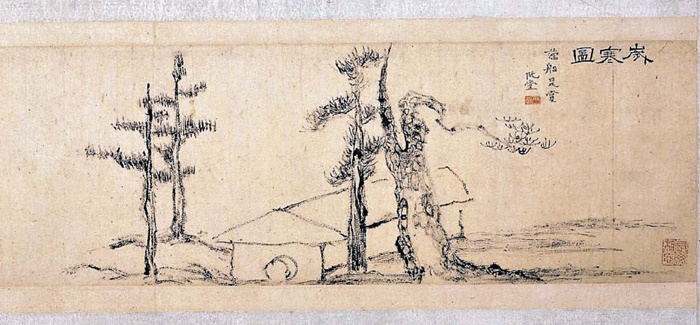 추사가 제주도 유배 시절 그린 '세한도'. 작은 집 양옆에 소나무와 잣나무가 그려져 있어요. 