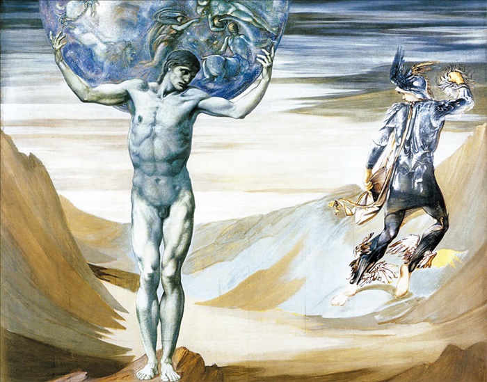 영국 화가 에드워드 번존스가 1878년 완성한 그림 '돌로 변하는 아틀라스'. 페르세우스(오른쪽)가 오른손에 메두사의 머리를 들고 아틀라스(왼쪽)에게 보여주려고 하고 있습니다. 