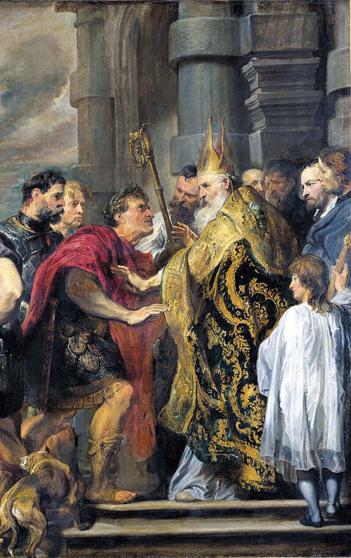 밀라노 주교 암브로시우스가 동방 황제 테오도시우스의 성당 입장을 막고 있어요. 안토니 반 다이크가 1619년에 그린 작품이에요.