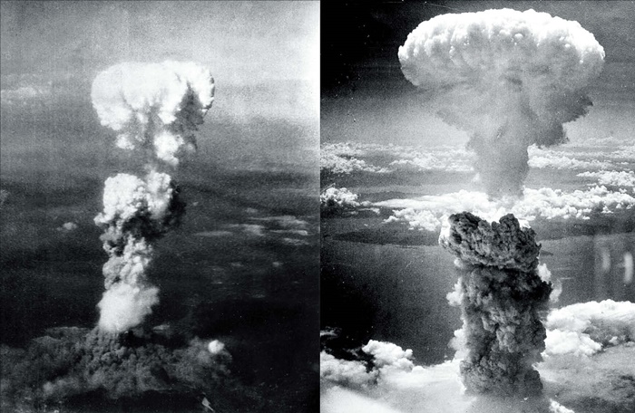 1945년 8월 6일 일본 히로시마에 원자폭탄이 떨어진 뒤 거대한 버섯구름이 하늘로 솟아오르고 있어요(왼쪽 사진). 미국은 3일 뒤인 8월 9일에는 일본 나가사키에 원자폭탄을 투하했습니다(오른쪽).