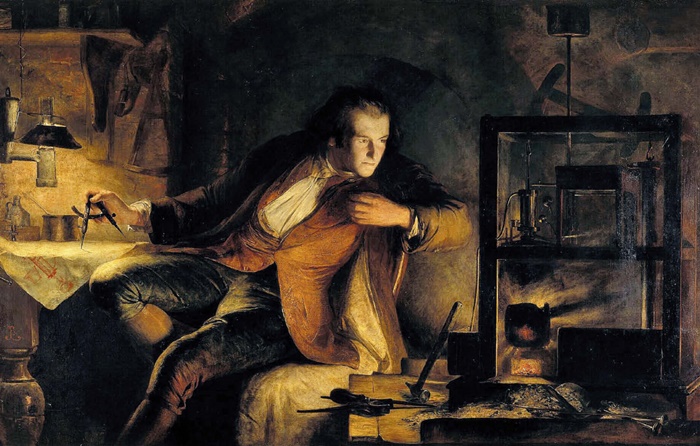 스코틀랜드 화가 제임스 엑포드 로더의 1885년 그림입니다. 제임스 와트가 증기기관을 연구하는 모습을 담고 있어요.
