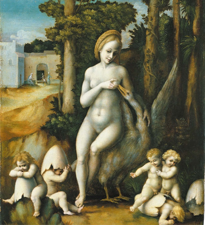 16세기 이탈리아 화가 프란체스코 바키아카의 ‘레다와 백조’. 신화에서는 알에서 아기 4명이 태어나지만, 이 작품에는 1명이 더 등장합니다. 축 늘어진 아기가 인간의 유한한 삶을 상징한다고 해석하기도 해요. /위키피디아