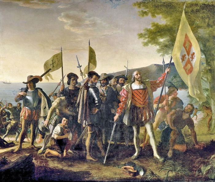 1492년 10월 12일 산살바도르에 도착한 콜럼버스 일행의 모습을 담은 그림입니다. 가장 큰 깃발을 들고 있는 인물이 콜럼버스예요. 미국 화가 존 밴더린의 작품입니다.