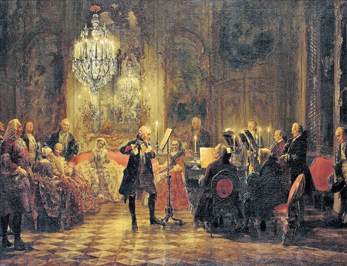 프로이센(독일의 전신)의 프리드리히 대왕이 플루트를 연주하고, 프란티셰크 벤다가 바이올린을 연주하며, 카를 필리프 에마누엘 바흐가 건반 악기로 반주하고 있는 모습을 담은 그림입니다. 카를 필리프 에마누엘 바흐는 '음악의 아버지'로 불리는 요한 제바스티안 바흐의 아들입니다.