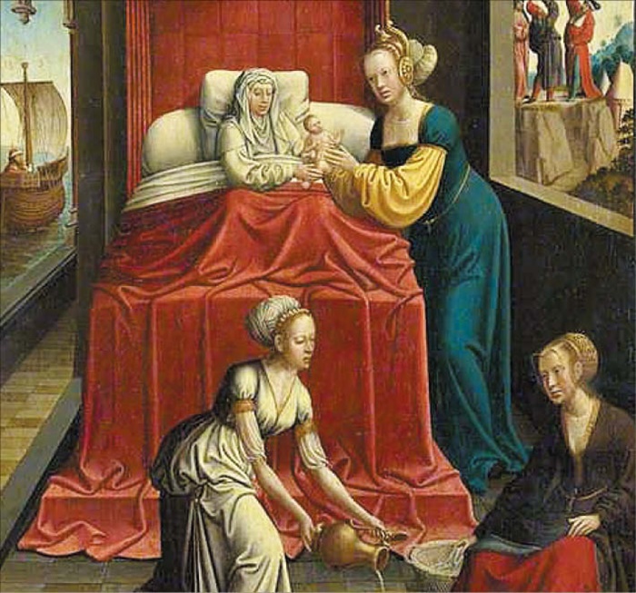 성모 마리아의 탄생 장면을 담은 그림입니다. 성모 마리아의 어머니가 산파에게 아기를 건네고 있고, 나머지 두 여성은 아기를 씻길 준비를 하고 있어요. /영국 내셔널 갤러리