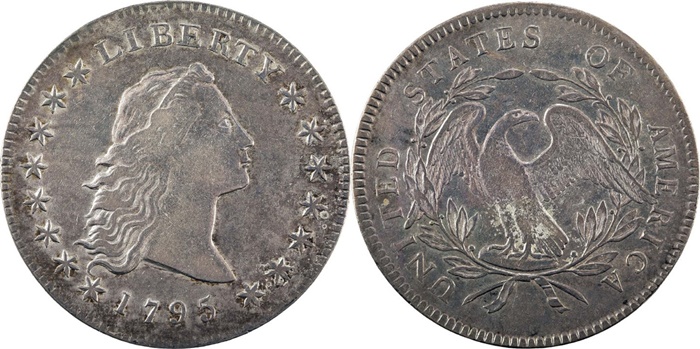 1795년 발행된 1달러의 앞뒷면. 당시 달러는 은으로 만든 동전이었습니다.