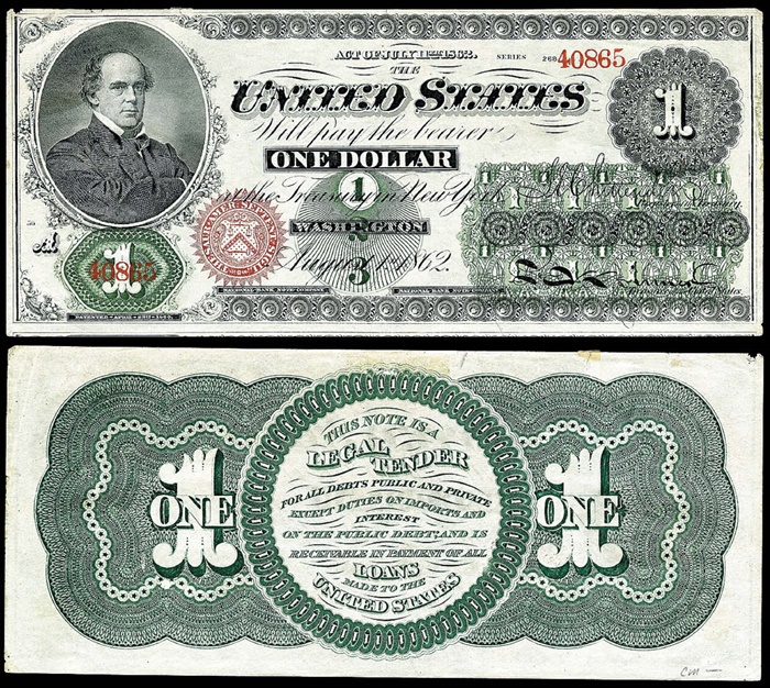 1862년 발행된 1달러 ‘그린백’입니다. 앞면에는 그린백 발행을 주도한 당시 재무부 장관 샐먼 P. 체이스 얼굴이 그려져 있어요. 