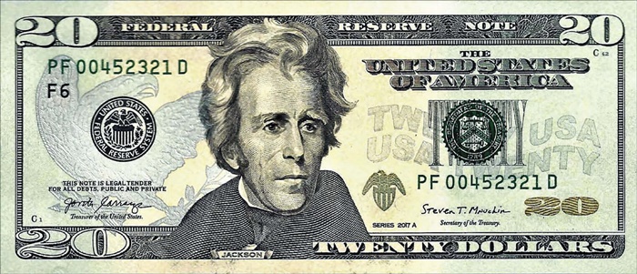 현재 미국 20달러 지폐입니다. 미국 7대 대통령 앤드루 잭슨이 그려져 있습니다.