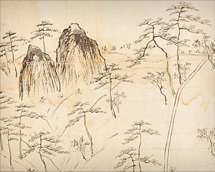 조선 시대 세심대 일대를 그린 평면도입니다. 왼쪽 위에 솟은 두 개의 암벽이 세심대로 추정돼요.