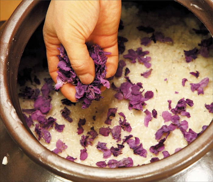 장독대에 두견주를 담그는 장면입니다. 진달래꽃을 두견화라고도 불러 이런 이름이 붙었습니다. /간송미술관·국립고궁박물관·국가유산청