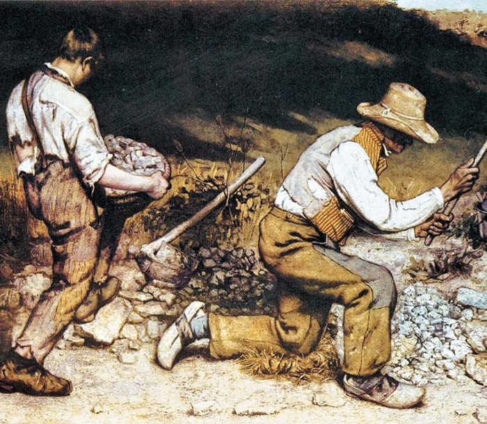 프랑스 화가 귀스타브 쿠르베의 1849년 작품 '돌 깨는 사람들'. 이 그림은 독일 드레스덴 미술관이 소장하고 있었는데, 1945년 전쟁 때 폭격을 당해 소실됐어요.