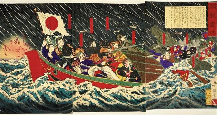 임오군란으로 일본 공사관이 불타자, 일본 영사 등이 작은 배를 타고 탈출하는 장면을 그린 작품입니다. /국립중앙박물관·위키피디아