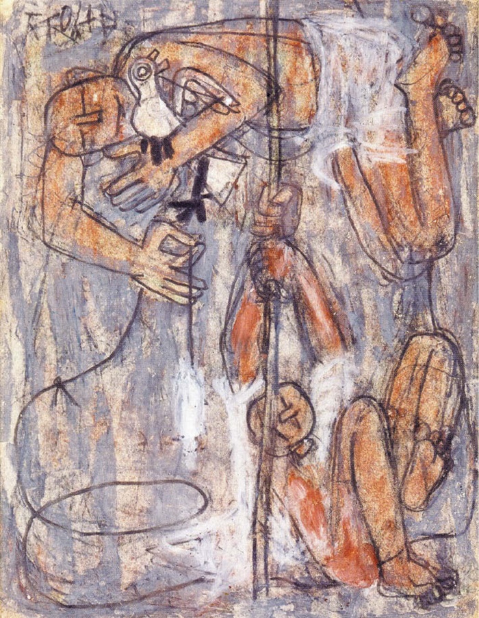 이중섭이 1954년 완성한 ‘두 아이와 비둘기’. 한 아이가 새를 끌어안고 있어요. /이중섭미술관·조선일보 DB·이주은 교수