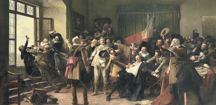 1618년 '프라하 창문 밖 투척 사건'을 그린 그림입니다. 이 사건은 '30년 전쟁'으로 이어졌어요.