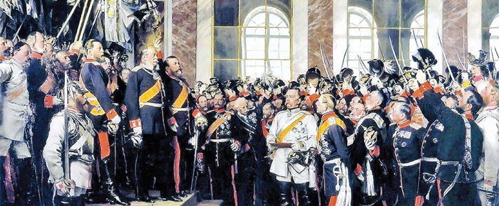 1871년 프랑스 베르사유 궁전 거울의 방에서 프로이센 국왕 빌헬름 1세가 독일 제국의 황제로 선포되는 장면 그림입니다. /위키피디아