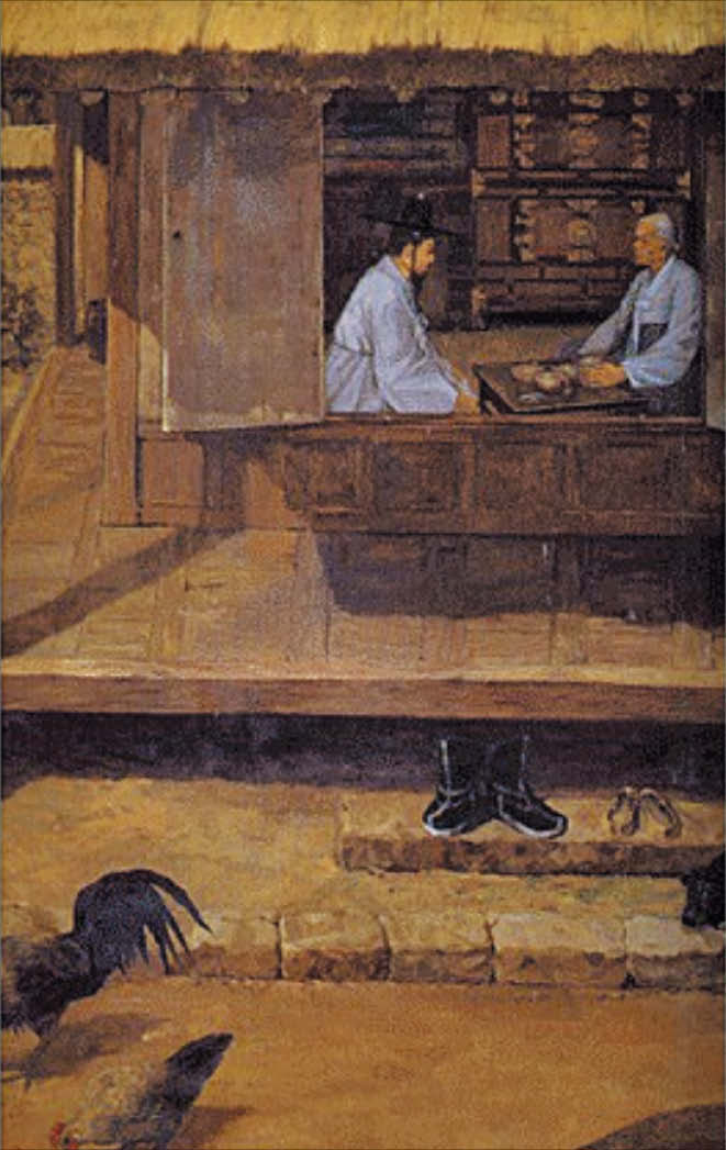 이순신이 임진왜란 중 어머니를 찾아뵙는 장면을 담은 그림입니다.