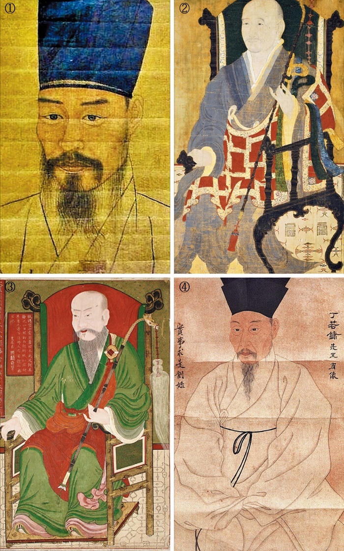 ❶1750년 그려진 정암 조광조의 영정(제사나 장례를 지낼 때 쓰는 그림)입니다.
❷서산대사의 초상화입니다. 조선 후기 여러 사찰에서 서산대사의 초상화를 제작했는데, 열 점 넘는 작품이 현재까지 전해진다고 해요.
❸18~19세기에 제작된 것으로 추정되는 사명당의 초상화예요.
❹다산 정약용의 초상화. /위키피디아•국립중앙박물관•국가유산청