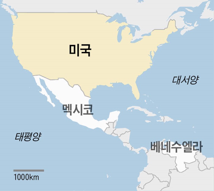 미국과 멕시코, 베네수엘라 등의 위치를 표시한 지도입니다.