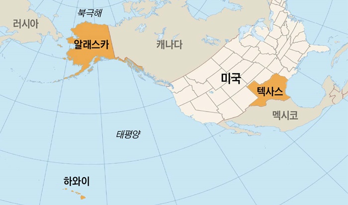 미국의 여러 주(州) 등을 표시한 지도예요.