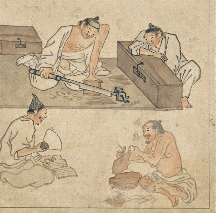 단원 김홍도의 ‘담배 썰기’. 왼쪽 아래 전기수로 추정되는 사람이 책을 읽고 있습니다. /국립중앙박물관