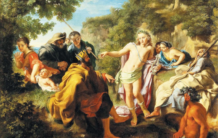 이탈리아 화가 피에트로 비안키(1694~1740)의 '미다스의 심판'이란 제목의 그림입니다. 음악의 신 아폴론은 미다스가 자신의 편을 들어주지 않았다는 이유로 그의 귀를 잡아당겨 당나귀 귀처럼 길게 만들어버렸다고 해요. /위키피디아•위키미디어