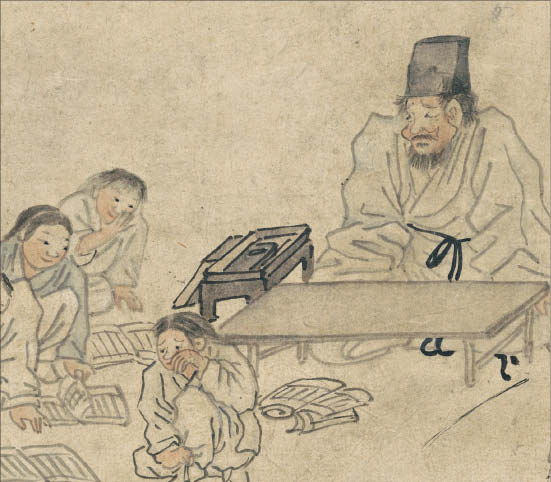 조선 화가 김홍도의 작품 ‘서당’. 아이가 손을 얼굴로 올린 채 눈물을 훔치고 있는 가운데, 훈장님의 책상 아래에는 회초리가 놓여 있습니다. /국립중앙박물관