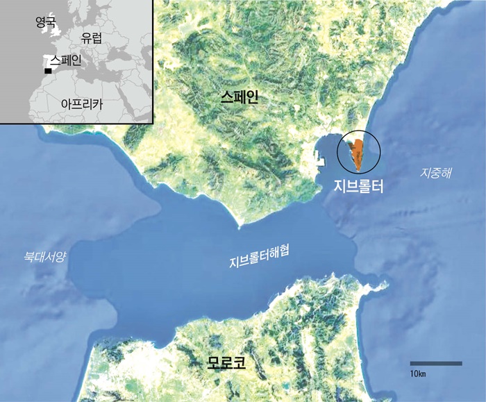 지브롤터의 위치를 표시한 지도예요. 스페인이 있는 이베리아반도 남쪽에 있어요. 원래는 스페인 땅이었지만 1700년대부터 영국 영토랍니다.