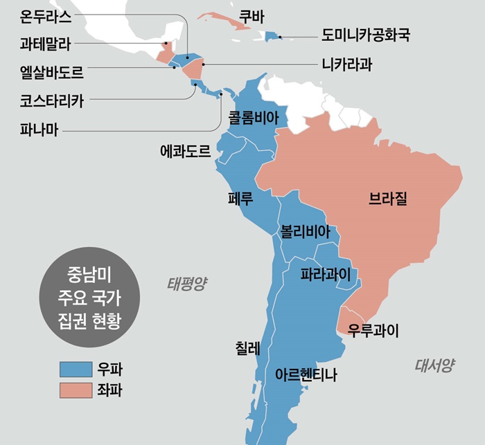 중남미 주요 국가들의 집권 현황을 표시한 지도예요. 최근 페루와 콜롬비아 등에서 우파로 정권 교체가 이뤄졌습니다.