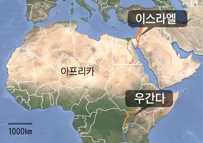 이스라엘과 우간다를 표시한 지도. 서로 3000㎞ 넘게 떨어져 있어요.