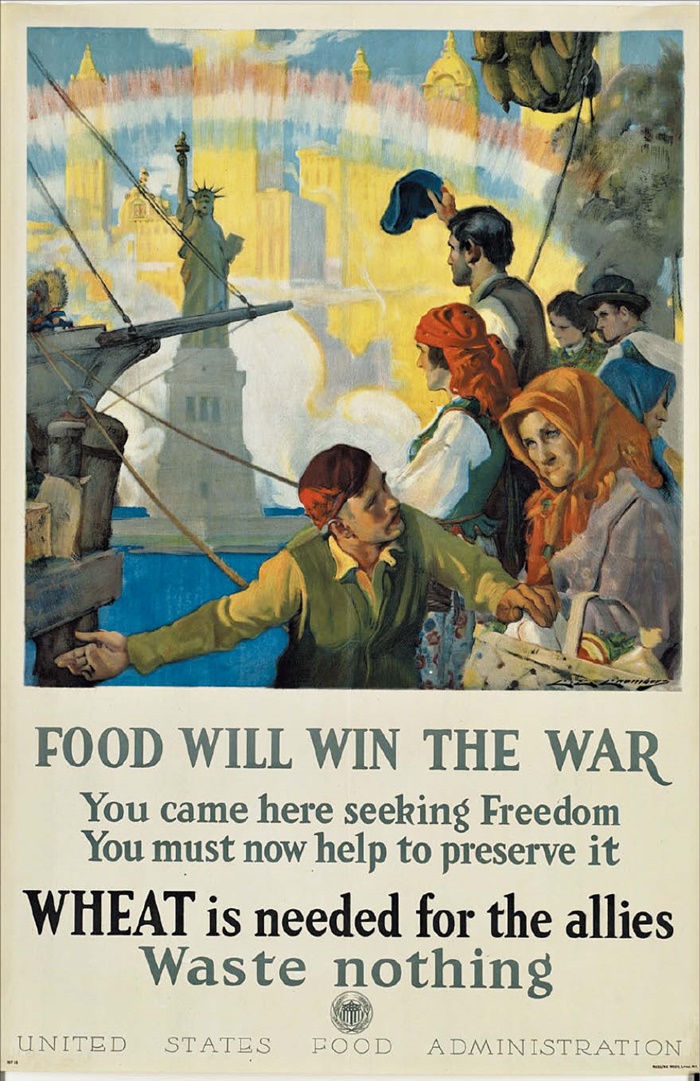 제1차 세계대전이 벌어졌던 1917년 미국에서 발행된 포스터입니다. '연합국에는 밀이 필요하다'는 내용이 적혀 있어요. 당시 미국 정부는 농민들에게 생산을 늘리라고 독려했습니다.