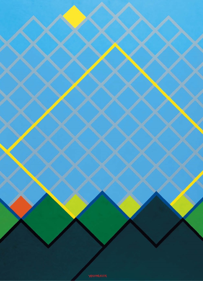 ‘산-블루’(1994년)입니다. 점, 선, 면, 색이라는 회화의 기본 요소로 산을 추상화했어요. /유영국미술문화재단